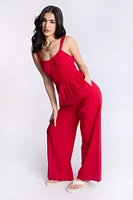 Linen-Blend Smocked Jumpsuit