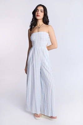 Linen-Blend Strapless Smocked Jumpsuit