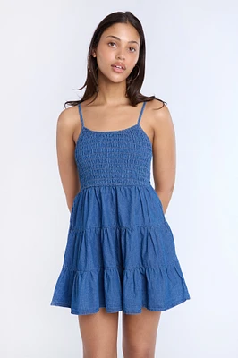 Chambray Smocked Tiered Mini Dress