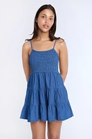 Chambray Smocked Tiered Mini Dress