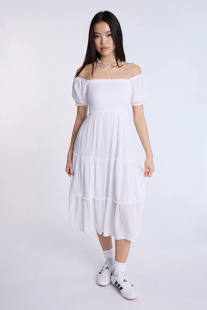 Puff Sleeve Smocked Tiered Maxi Dress