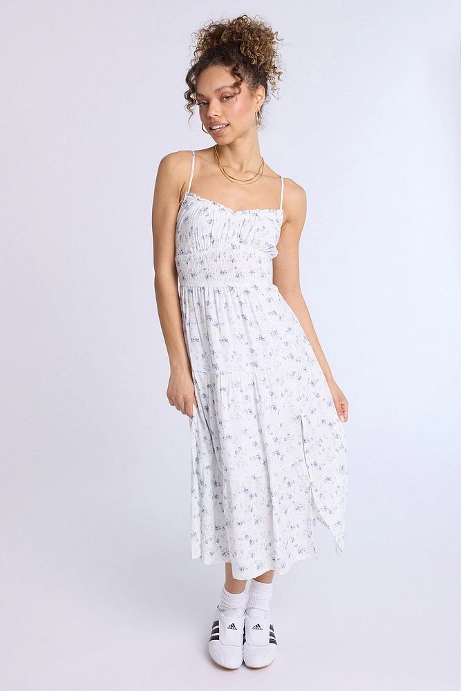 Smocked Waist Cross-Back Midi Dress
