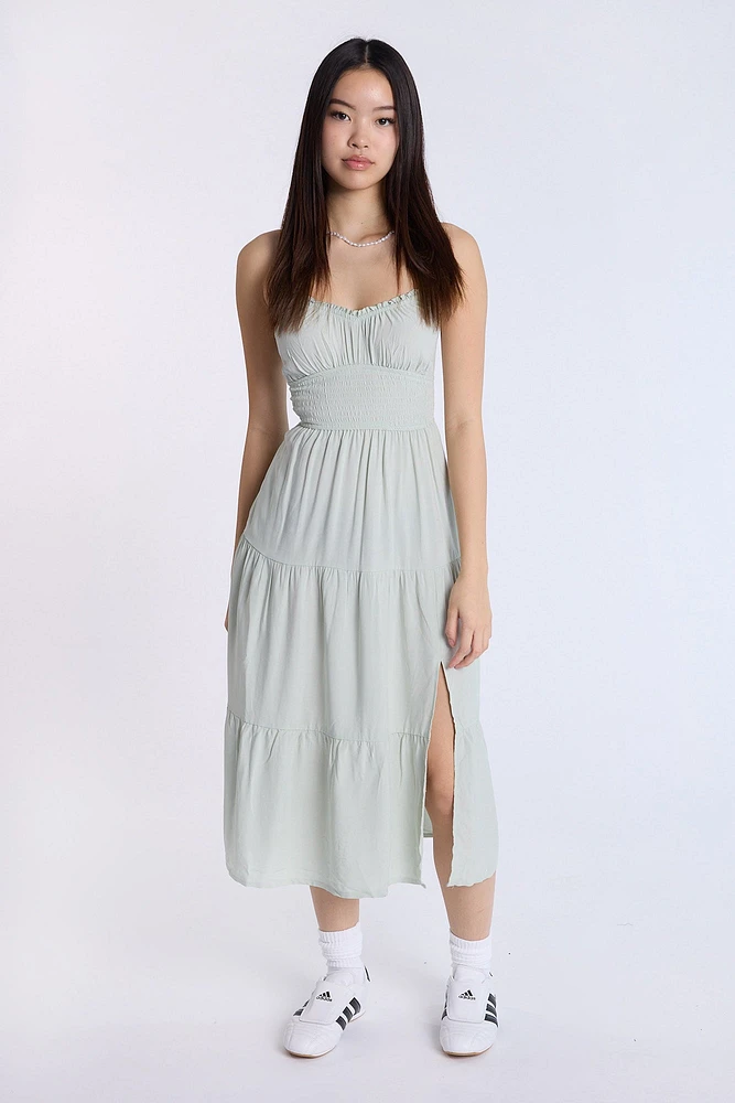 Smocked Waist Cross-Back Midi Dress