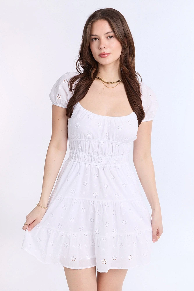 Eyelet Embroidered Channeled Waist Mini Dress