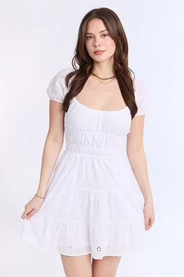 Eyelet Embroidered Channeled Waist Mini Dress
