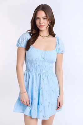 Eyelet Embroidered Channeled Waist Mini Dress