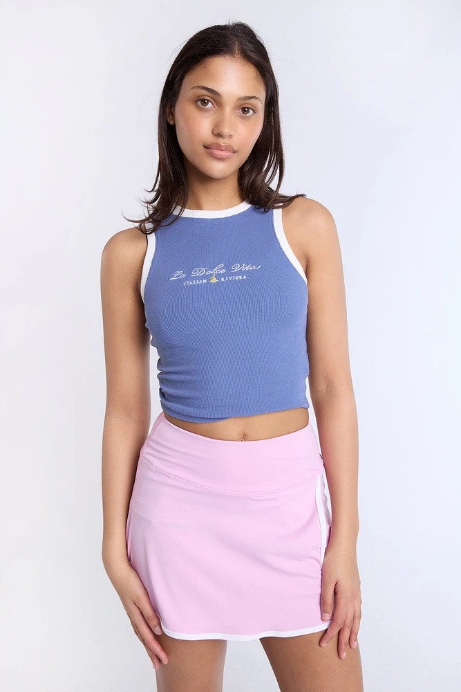 La Dolce Vita Embroidered Graphic High Neck Tank Top