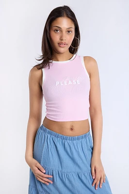 Pretty Please Embroidered Graphic High Neck Tank Top