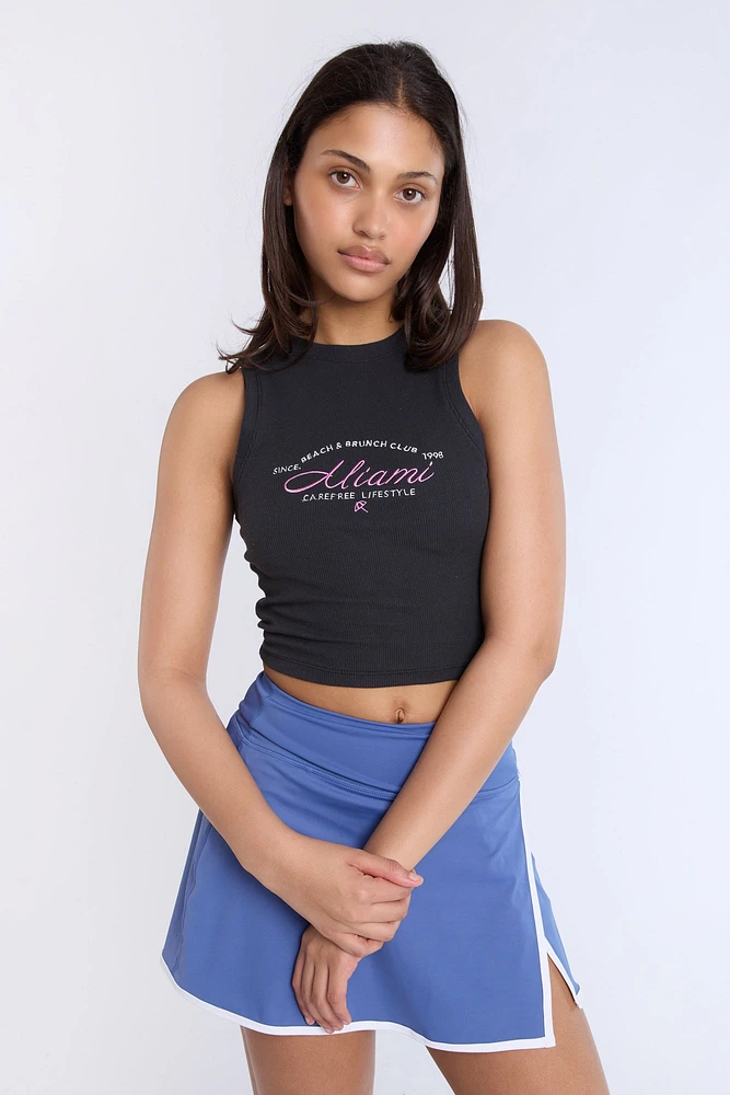 Miami Beach & Brunch Club Embroidered Graphic High Neck Tank Top