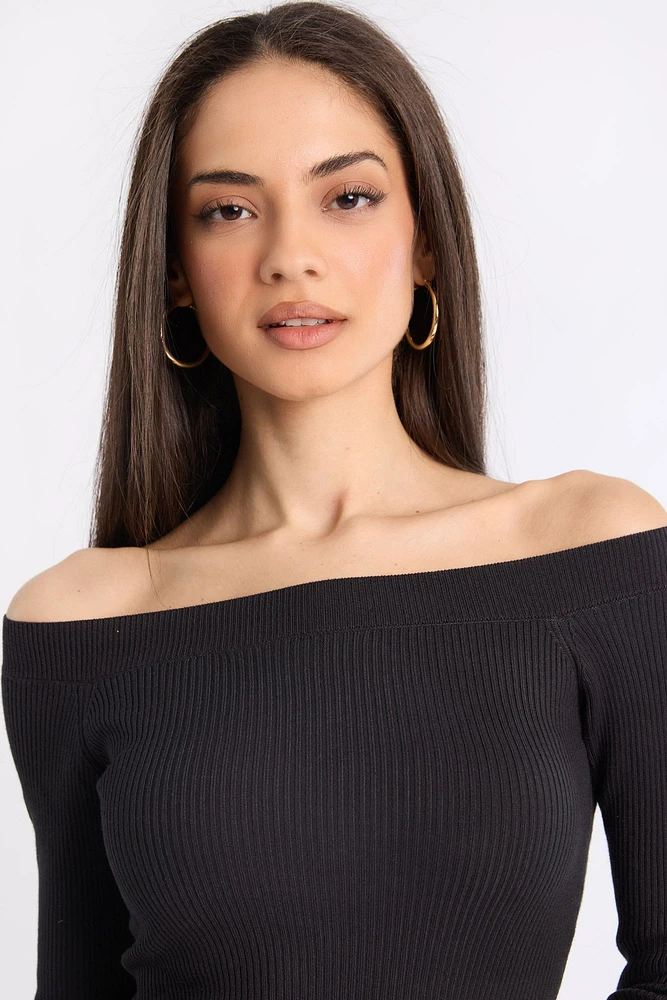 Ribbed Slim Off-Shoulder Sweater