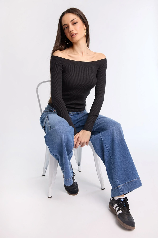 Ribbed Slim Off-Shoulder Sweater