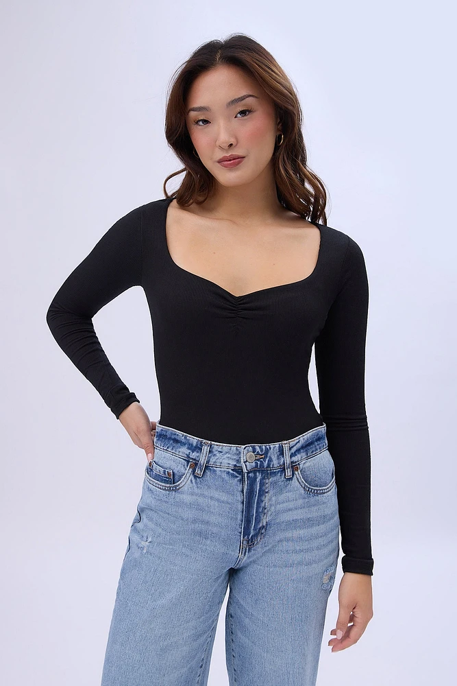 Ribbed Knit Long Sleeve V-Neck Bodysuit