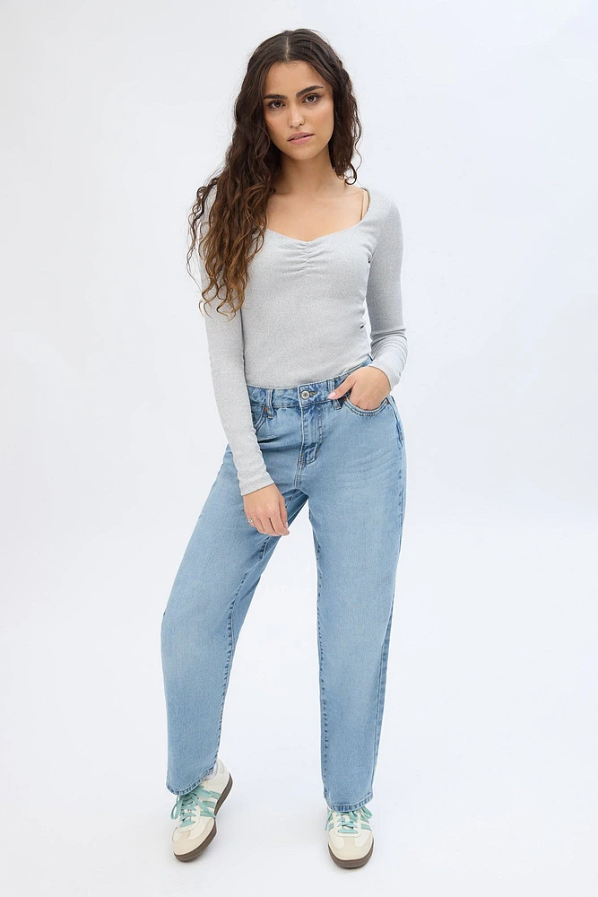 Ribbed Knit Long Sleeve V-Neck Bodysuit