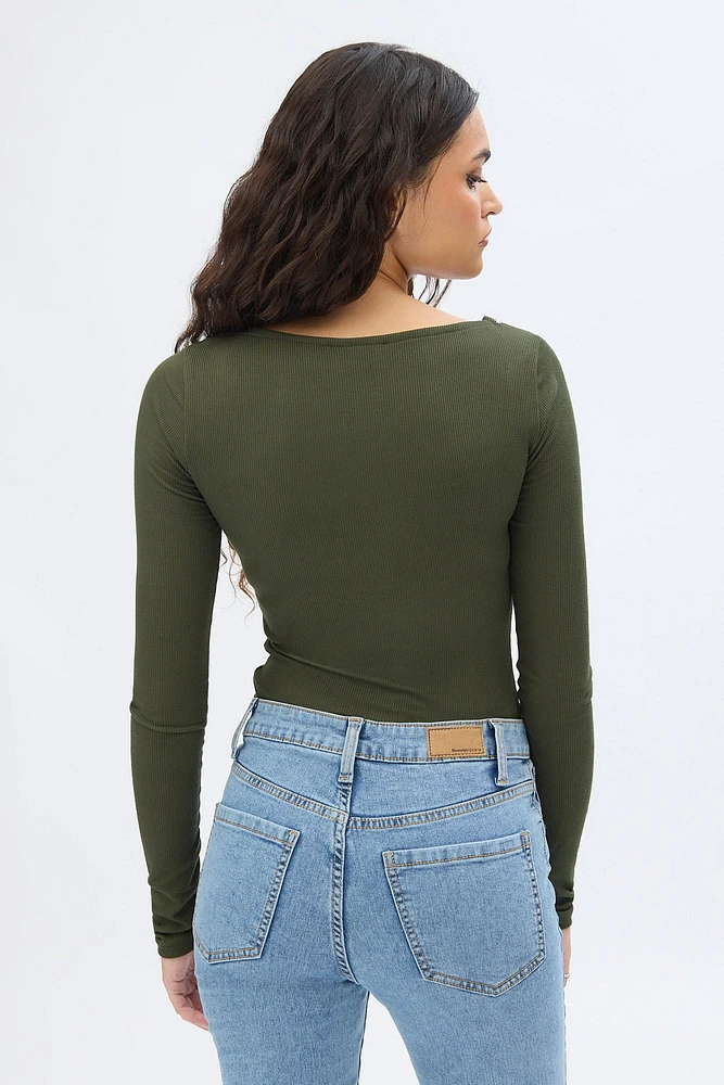 Ribbed Knit Long Sleeve V-Neck Bodysuit