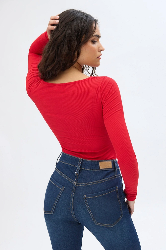 Ribbed Knit Long Sleeve V-Neck Bodysuit