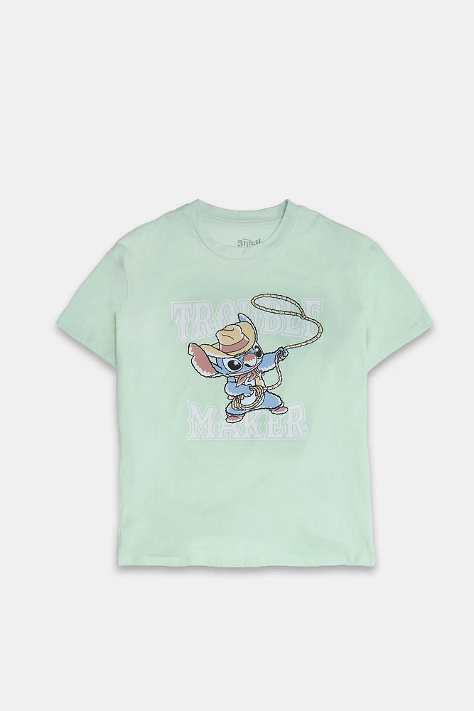 T-shirt coupe garçonne imprime? graphique Stitch Trouble Maker