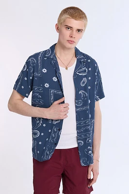 Distressed Bandana Short Sleeve Resort Shirt
