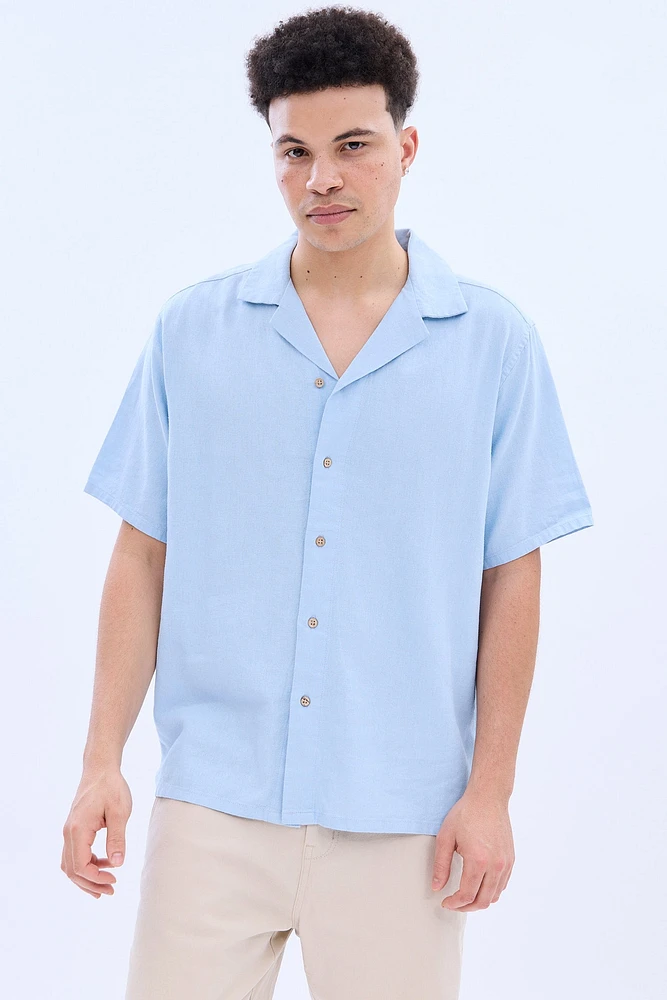 Linen-Blend Short Sleeve Button-Up Shirt