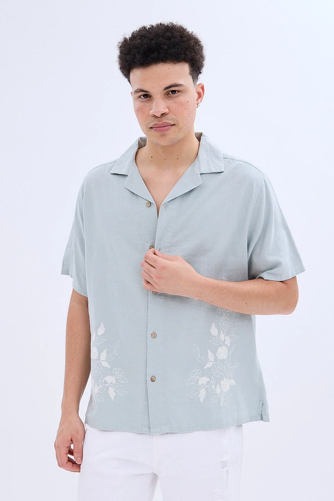 Linen-Blend Embroidered Short Sleeve Button-Up Shirt