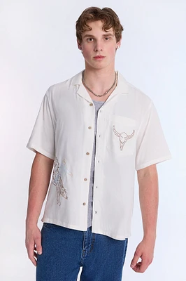 Linen-Blend Western Embroidered Short Sleeve Shirt