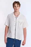 Linen-Blend Western Embroidered Short Sleeve Shirt