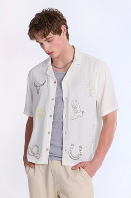 Linen-Blend Western Embroidered Short Sleeve Shirt