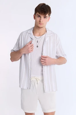 Linen-Blend Textured Striped Knit Short Sleeve Shirt
