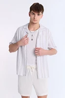 Linen-Blend Textured Striped Knit Short Sleeve Shirt