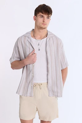 Linen-Blend Textured Striped Knit Short Sleeve Shirt