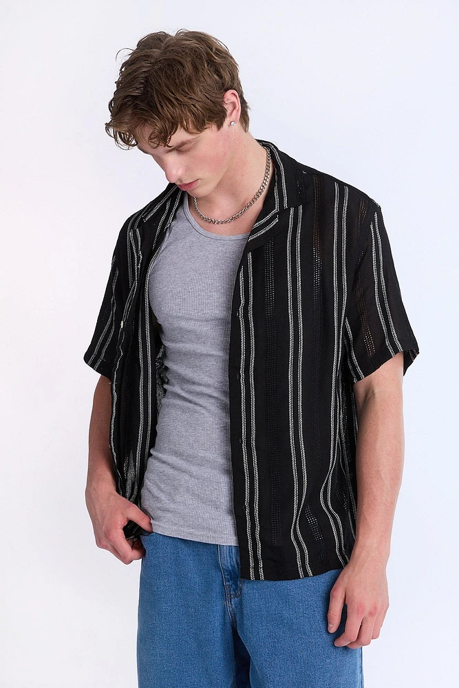Linen-Blend Textured Striped Short Sleeve Shirt