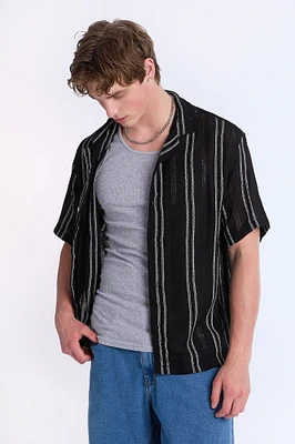 Linen-Blend Textured Striped Short Sleeve Shirt