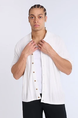 Cotton-Blend Button-Up Short Sleeve Textured Knit Shirt