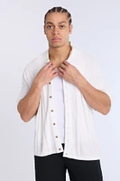 Cotton-Blend Button-Up Short Sleeve Textured Knit Shirt