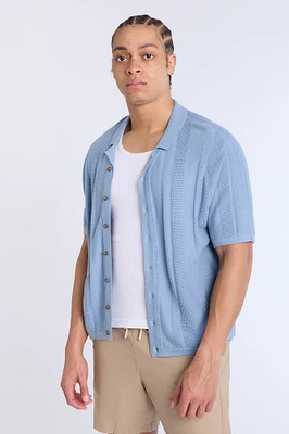 Button-Up Short Sleeve Textured Knit Shirt