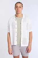 Cotton-Blend Button-Up Short Sleeve Eyelet Knit Shirt