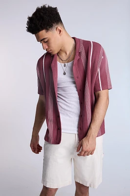 Cotton-Blend Sweater Knit Striped Short Sleeve Shirt