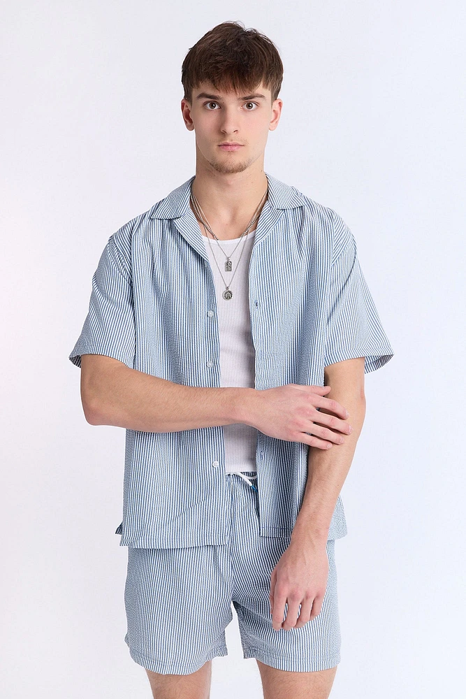 Linen-Blend Striped Seersucker Short Sleeve Shirt