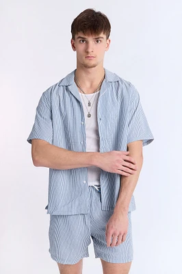 Linen-Blend Striped Seersucker Short Sleeve Shirt