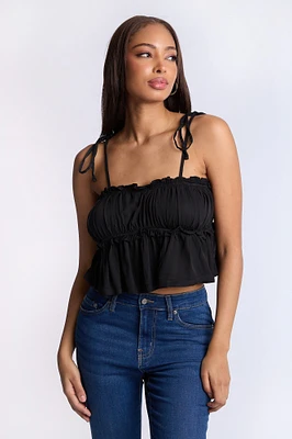 Ruched Babydoll Top With Tie Straps