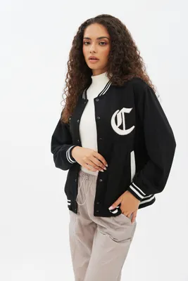 Embroidered Button-Up Varsity Jacket