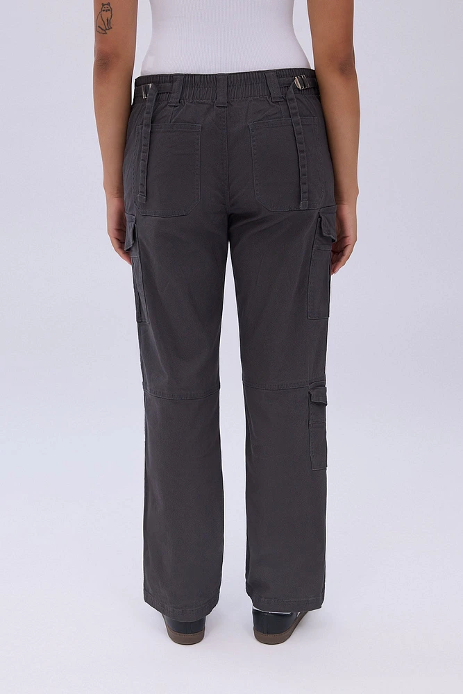 High Rise Straight Leg Cargo Twill Pants