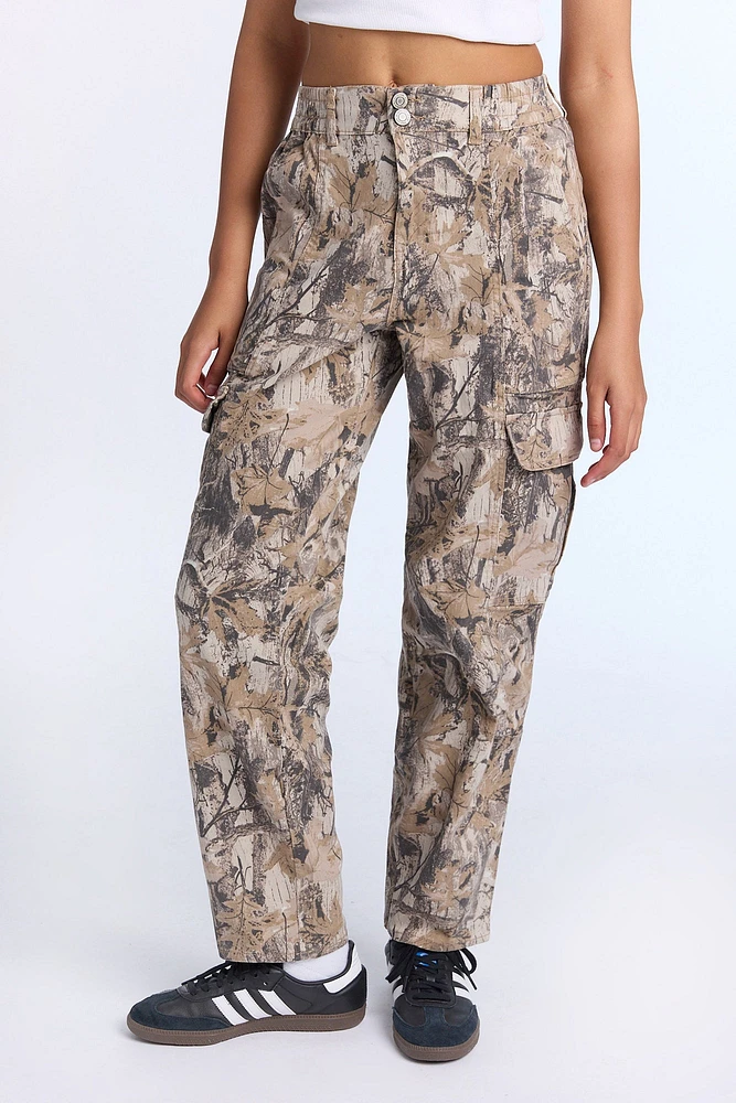High Rise Twill Cargo Straight Leg Pants
