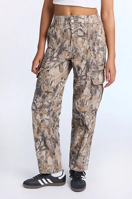 High Rise Twill Cargo Straight Leg Pants
