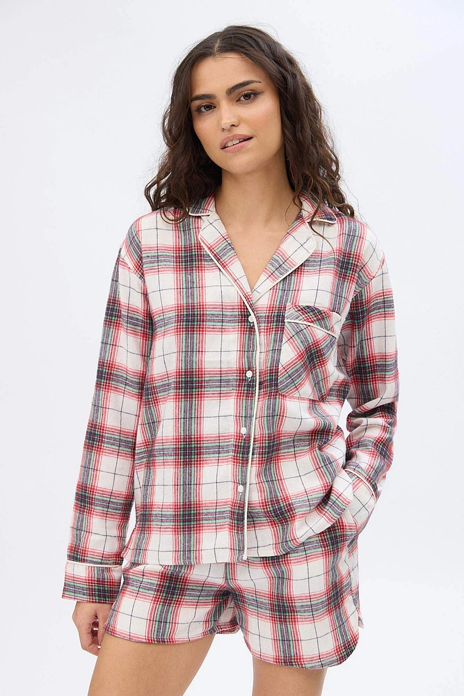 Plaid Flannel Button-Up Pajama Shirt