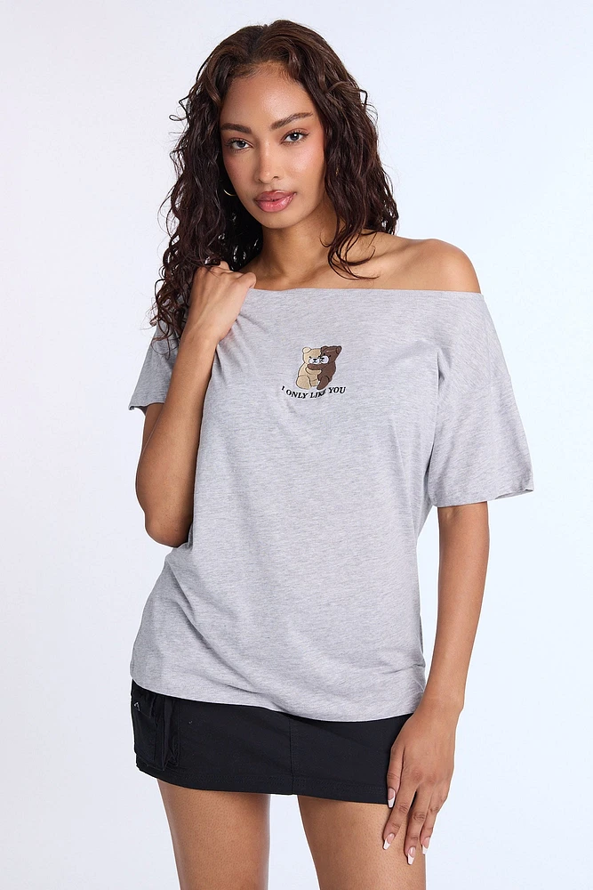 Teddy Bear I Only Like You Graphic Embroidered Off-Shoulder Tee