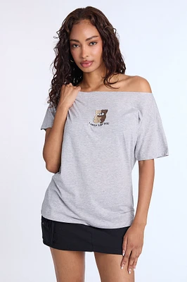 Teddy Bear I Only Like You Graphic Embroidered Off-Shoulder Tee