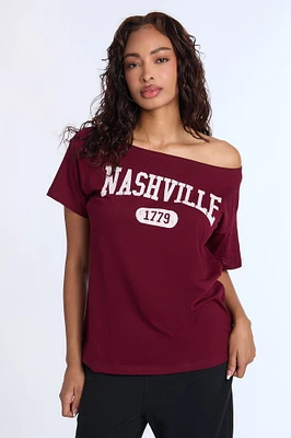 T-shirt à épaules dénudées imprimé Nashville