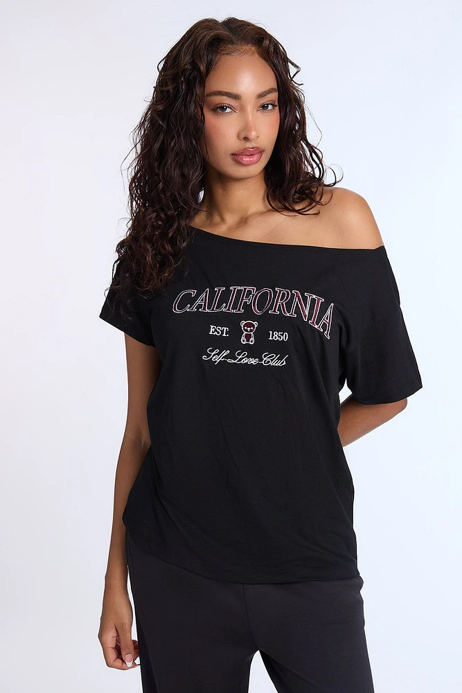 T-shirt à épaules dénudées brodé California