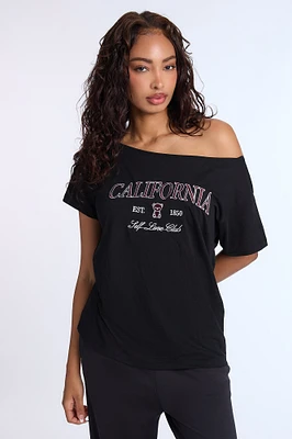 T-shirt à épaules dénudées brodé California