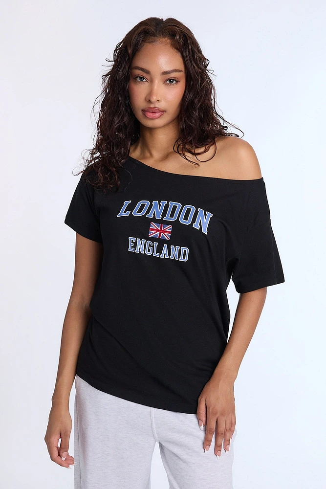T-shirt à épaules dénudées imprimé London